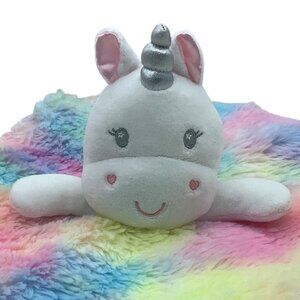 Baby Starters Plush Unicorn Lovey Security Blanket 14" x 14" Rainbow Satin Trim